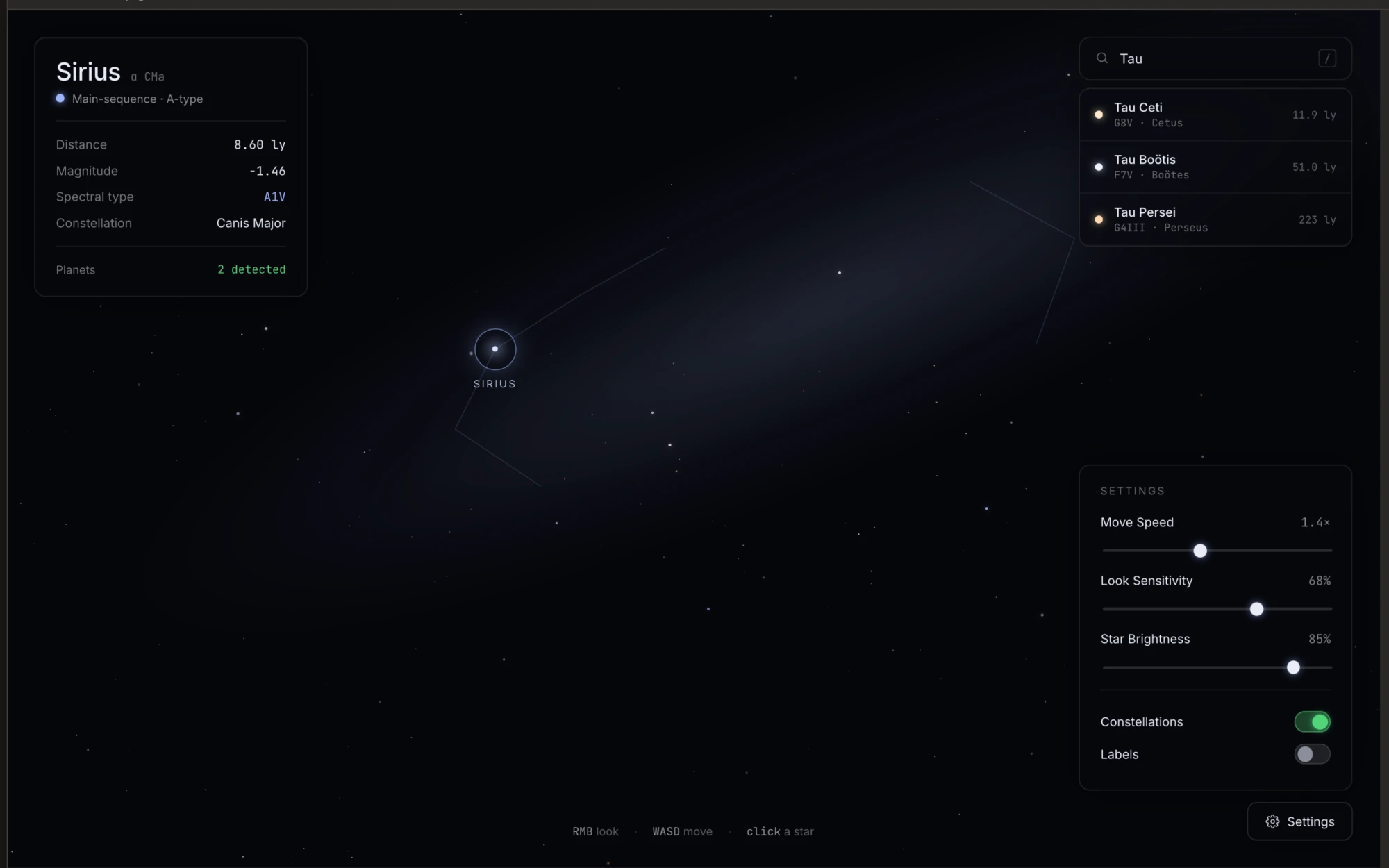 Orion's star map with Sirius selected, showing its distance, magnitude, spectral type and constellation, a search for Tau, and the settings panel