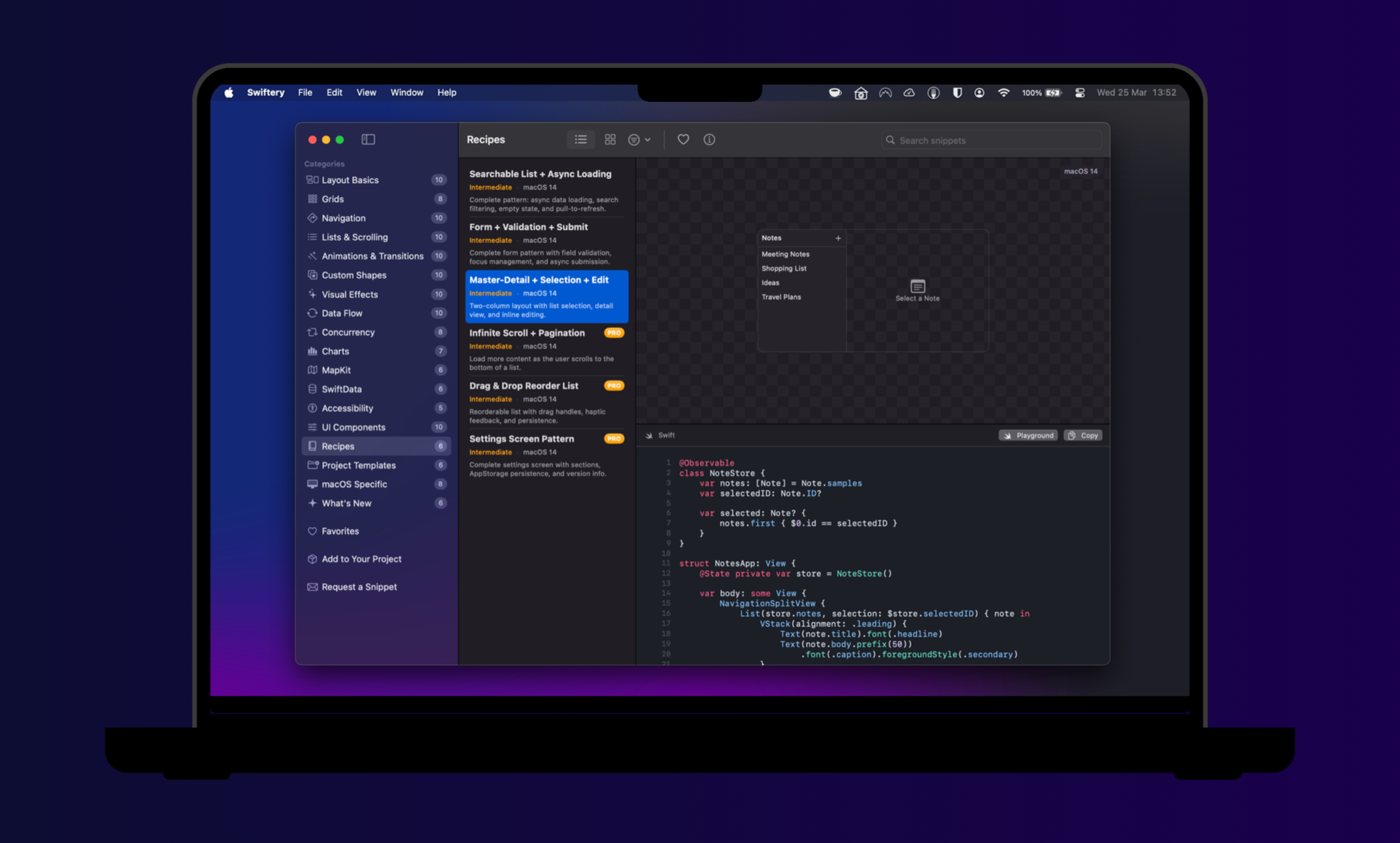 3-column snippet browser